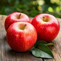 Scarlet apples, aged wood, outdoors