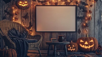 Rustic wooden wall with spooky garlands and Halloween lighting decor