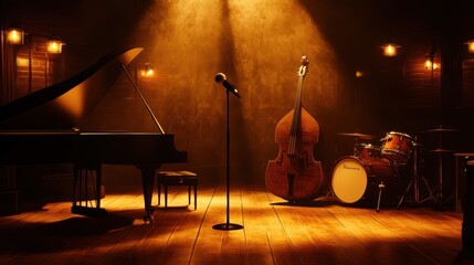 Fototapeta premium Cozy jazz club stage with piano drums and soft amber lighting