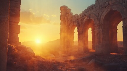 Sunset Over an Ancient Ruin - Generative AI
