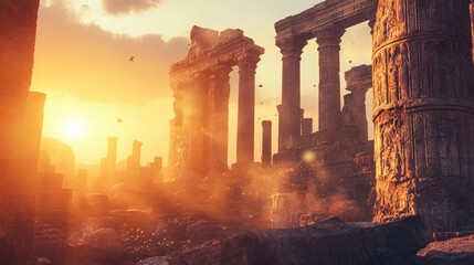 Sunset Over an Ancient Ruin - Generative AI