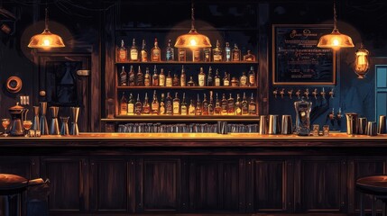 Warm pendant lights highlight vintage bar decor with art déco touches