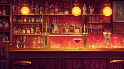 Brass accents and warm lighting create a cozy bar ambiance with shadows