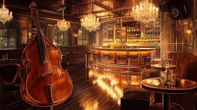 Polished floor glows under chandeliers in vintage jazz bar