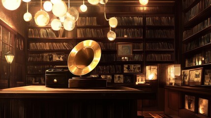 Golden light highlights shelves and gramophone in vintage jazz bar