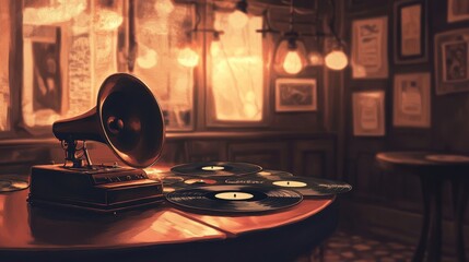 Obraz premium Soft sepia tones highlight glowing gramophone in jazz club decor