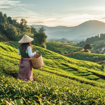 Hill tribe woman harvests tea