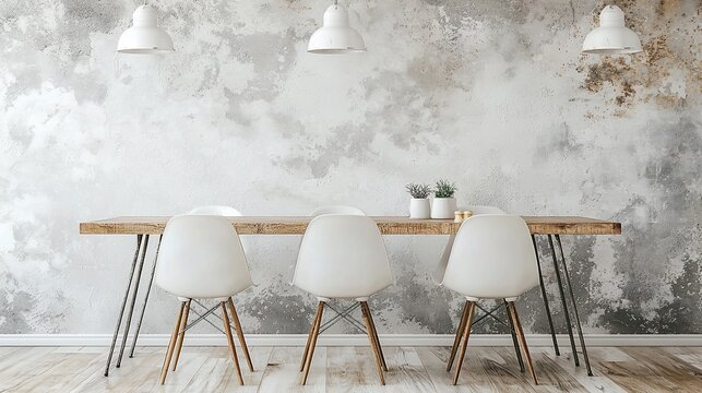 Rustic dining room with wooden table and white chairs against textured wall.