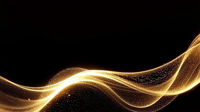Golden Flow: Abstract wave of shimmering gold particles on a black background. Elegant and luxurious, perfect for designs needing a touch of opulence.