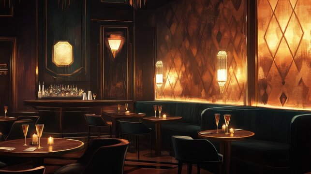 Plush velvet seating and intricate table settings enhance the glamour of a jazz lounge
