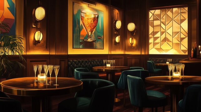Golden highlights and soft glows create a cozy atmosphere in a vintage jazz club