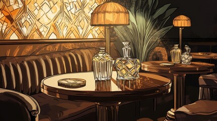 Brass art déco lamps illuminate plush velvet seating in a jazz club