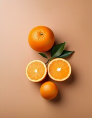 艶やかなオレンジとカットオレンジが調和する、クリーム色の背景が作る静かな情景
