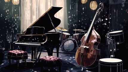 Fototapeta premium Jazz club scene with polished piano brass instruments and dim lighting