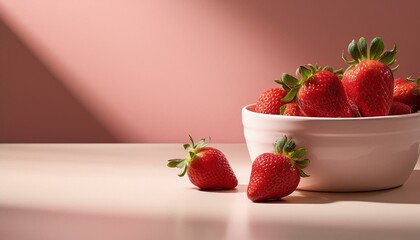淡いピンクの背景に艶やかなイチゴを盛り付けた白いボウルが映えるシンプルで魅力的なテーブルシーン
