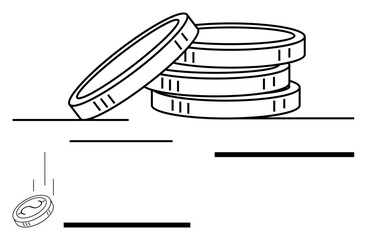 Stacked coins with a single coin falling mid-air, symbolizing savings, investments, and financial choices. Ideal for wealth, income, budgeting, economy, monetary policy banking abstract line flat