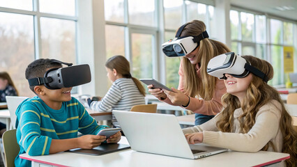 Students engaging with virtual reality technology in classroom setting, showcasing excitement and collaboration while using VR headsets and digital devices