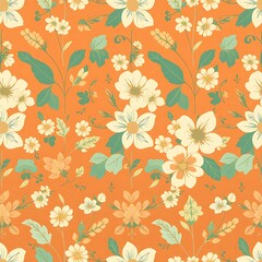 Floral Delight: A vintage-inspired seamless pattern featuring delicate white flowers with green leaves on a vibrant orange background. Perfect for adding a touch of retro charm to your designs.  