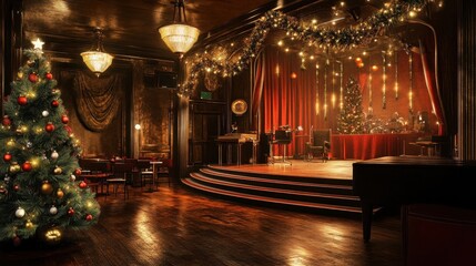 Christmas decor and soft amber lighting in jazz club interior