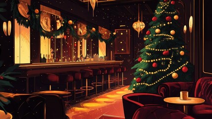 Amber lighting highlights cozy jazz club holiday decor