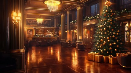 Obraz premium Tall Christmas tree reflects muted light in jazz club