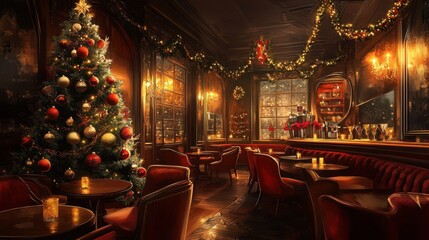 Muted red ornaments and garlands create holiday ambiance