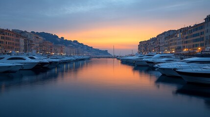 Fototapeta premium Sunset over harbor with yachts and buildings.