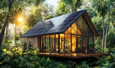 Sustainable modern house with solar panels in lush jungle.