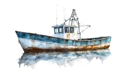 Watercolor Painting of an Old Fishing Boat, Rusty and Majestic, Reflecting on Calm Water