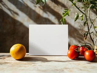A blank card surrounded by fresh tomatoes and an orange on a textured surface.