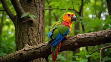 Obraz premium Parrot perched on tree in jungle