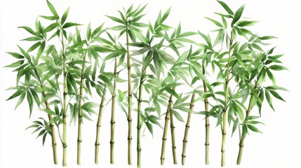 Fototapeta premium Watercolor Bamboo Art: Lush Green Bamboo Plants in a Row. A Perfect Decorative Piece for Home or Office. A Beautiful Botanical Illustration