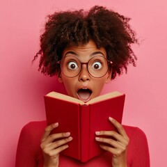 Amazed woman with dark skin holds book, delighted by story, wears glasses, on pink.