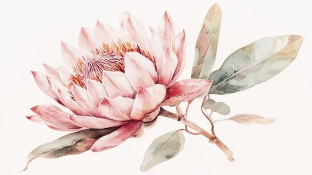 Delicate Pink Protea Flower Watercolor Painting - Stunning Floral Still Life