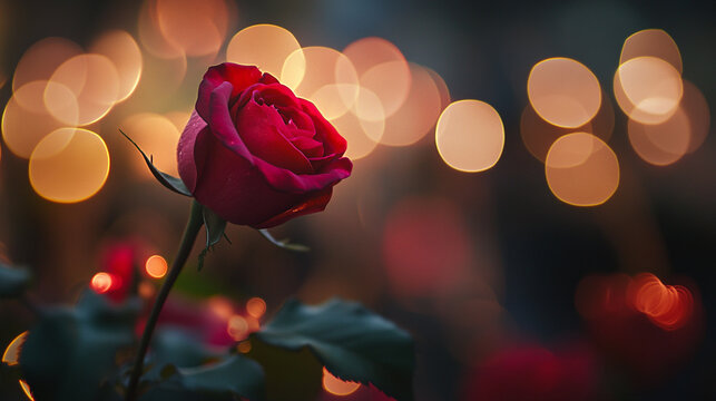 Romantic red rose illuminated by soft lights for Valentine's Day celebration