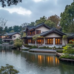 Fototapeta premium Villas enhance Hangzhou's scenery.