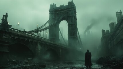 Dark and Haunting Cityscape Under Mystic Fog Featuring an Iconic Bridge and Mysterious Silhouette in an Urban Dystopian Setting