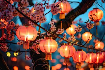Cherry blossom branches with traditional Chinese lanterns