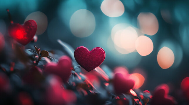 Red hearts glowing against a soft bokeh for a romantic Valentine's Day celebration