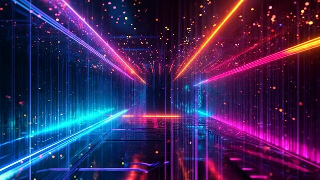 Neon Dreamscape animated video. A mesmerizing digital art piece featuring vibrant, intersecting neon lights creating a futuristic, otherworldly tunnel. Perfect for tech, gaming, or abstract design pro