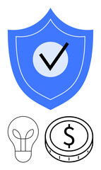 Blue shield with check mark, lightbulb symbol, and coin icon. Ideal for themes of security, innovation, entrepreneurship, financial planning, trust, smart investments abstract line flat metaphor