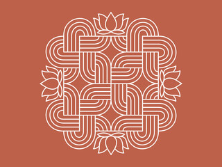 Auspicious rangoli pattern with lotuses and interlacing lines. Traditional Indian ornament. Flat vector illustration.
