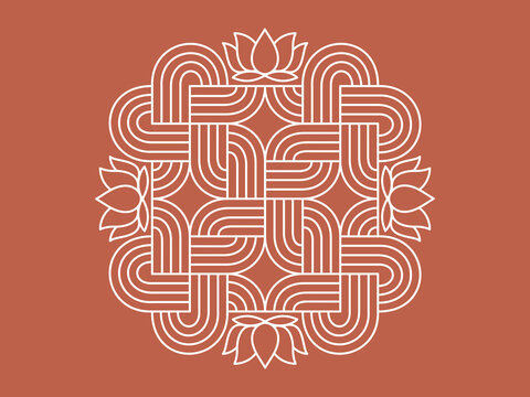 Auspicious rangoli pattern with lotuses and interlacing lines. Traditional Indian ornament. Flat vector illustration.