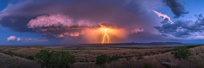 Fototapeta premium Lightning strikes through dark clouds above a sea of fluffy clouds