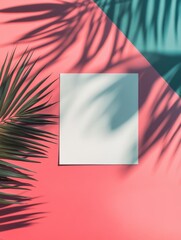A minimalist composition featuring a blank canvas against colorful backgrounds and palm shadows.