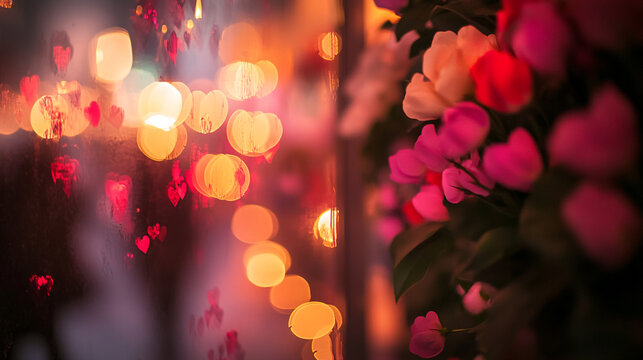 Colorful heart bokeh with roses creating a romantic atmosphere for Valentine's Day