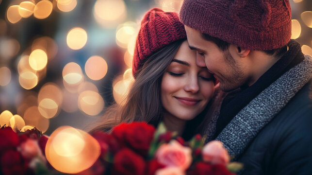 Couple enjoys a romantic moment together with roses on Valentine's Day evening