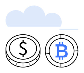 Dollar and Bitcoin coins beneath a blue cloud, showcasing the shift between traditional and digital currencies. Ideal for finance, cryptocurrency, investments, economics, blockchain, technology