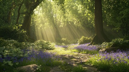 Sunbeams illuminate a path through a lush forest, wildflowers carpet the ground.