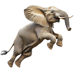 A joyful elephant leaping in mid-air, showcasing its strength and playful spirit against a clean background.